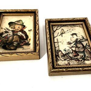 2 Original Miniature Hummel Prints Hand Carved Wood Frame From West Germany